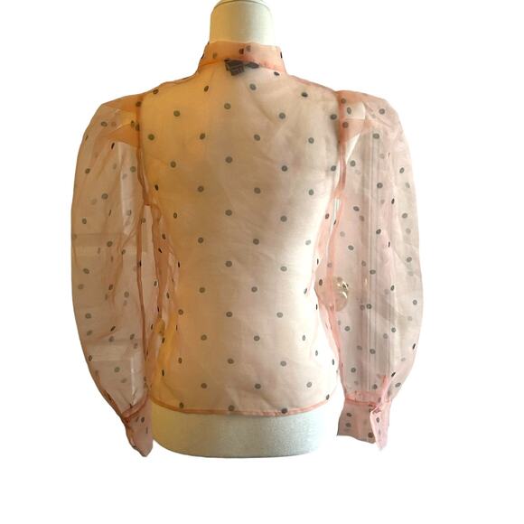 Forever 21 Sheer Pink Puff Sleeve Black Polka Dot Top Blouse Ties at Neck S - Picture 2 of 9